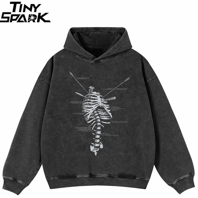 Washed Black Skeleton Graphic Oversized Hoodie — front view