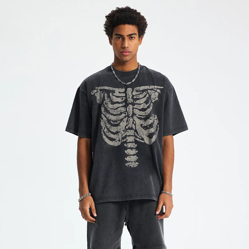 Vintage Black Skeleton Faded T-Shirt — front view