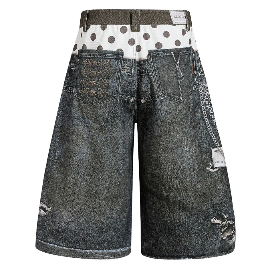 Vintage Chain Graphic Loose Denim Shorts — back view