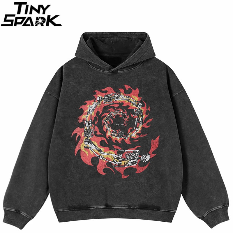 Black Flame Skeleton Graphic Oversized Hoodie — front view