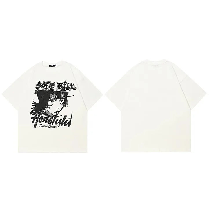 White Anime Cartoon Graphic T-Shirt — fabric close-up