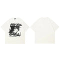 White Anime Cartoon Graphic T-Shirt — fabric close-up