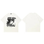 White Anime Cartoon Graphic T-Shirt — fabric close-up