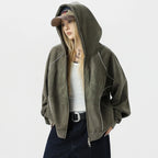 Vintage Zip Suede Oversized Hoodie — fit shot