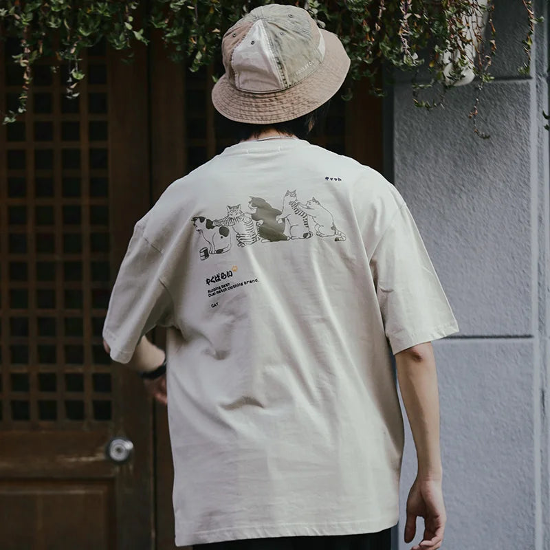 Funny Kanji Cat Print T-Shirt — front view