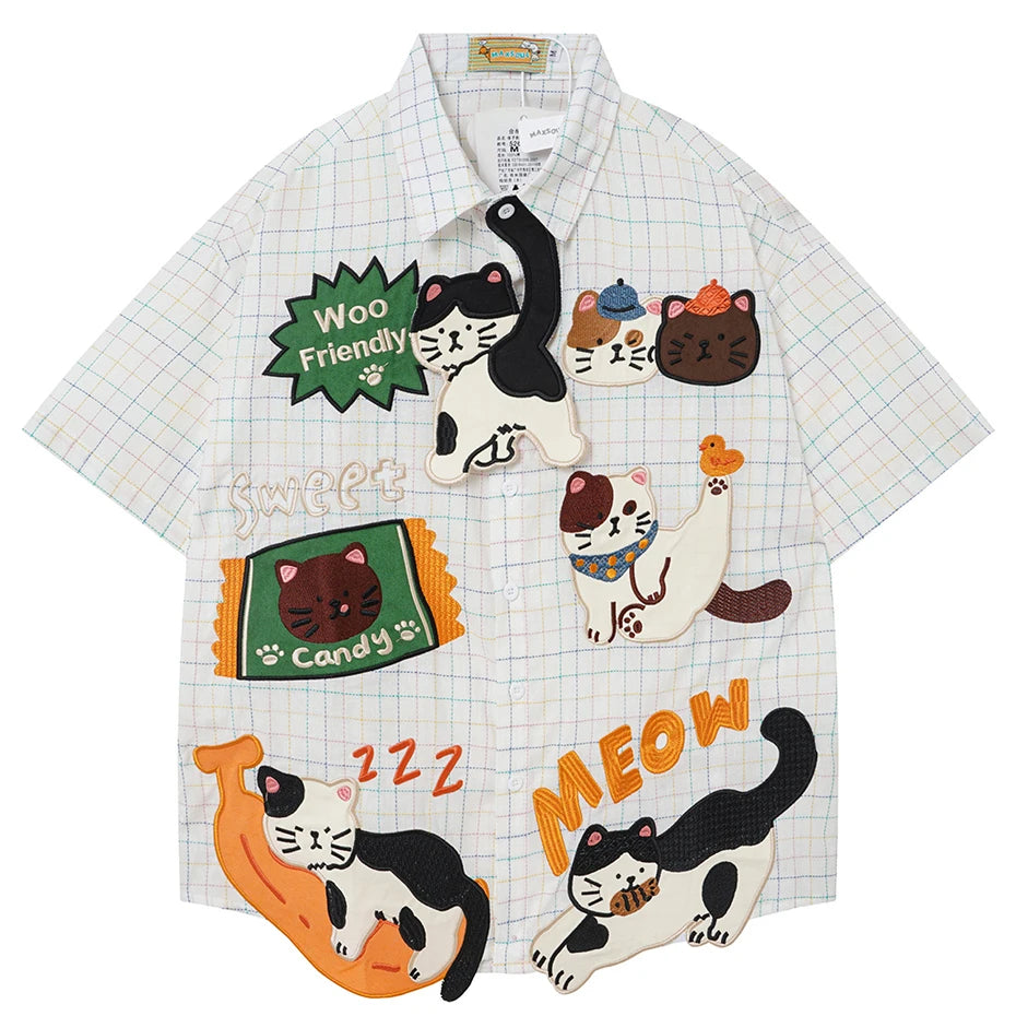 Y2K Cat Patchwork Loose Shirt — styling shot