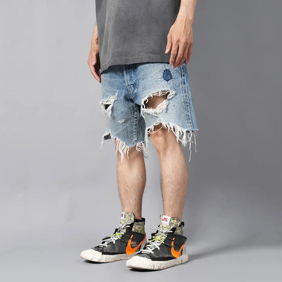 Ripped Loose Denim Shorts — fit shot