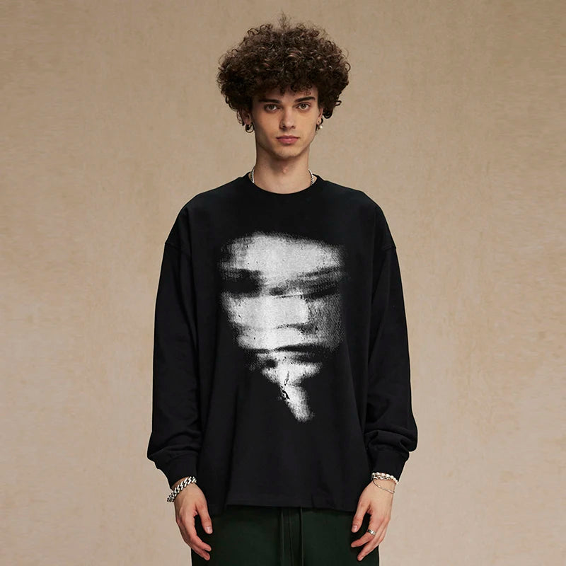 Black Blurry Face Graphic Long Sleeve Tee — front view
