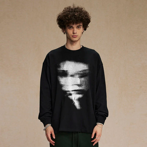 Black Blurry Face Graphic Long Sleeve Tee — front view