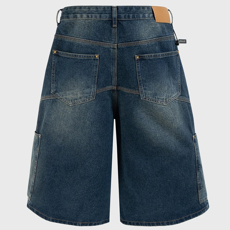 Vintage Blue Patchwork Denim Shorts — front view