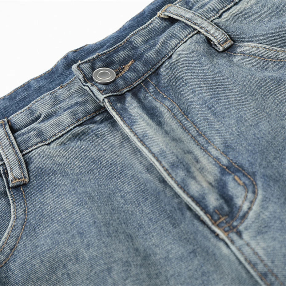 Vintage Blue Patchwork Loose Denim Shorts — back view