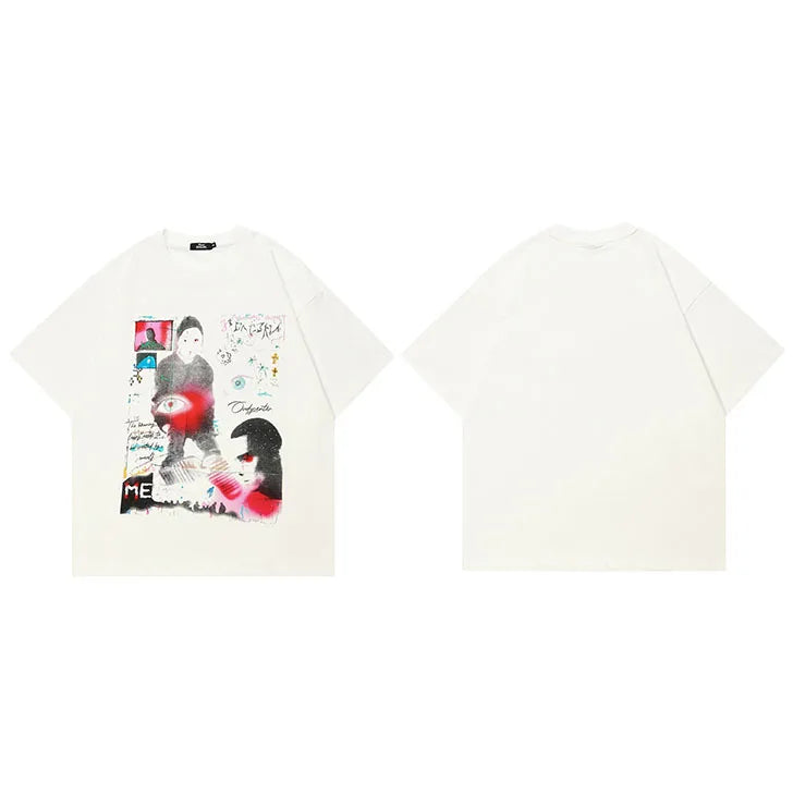 Beige Eye Graffiti Graphic T-Shirt — fabric close-up