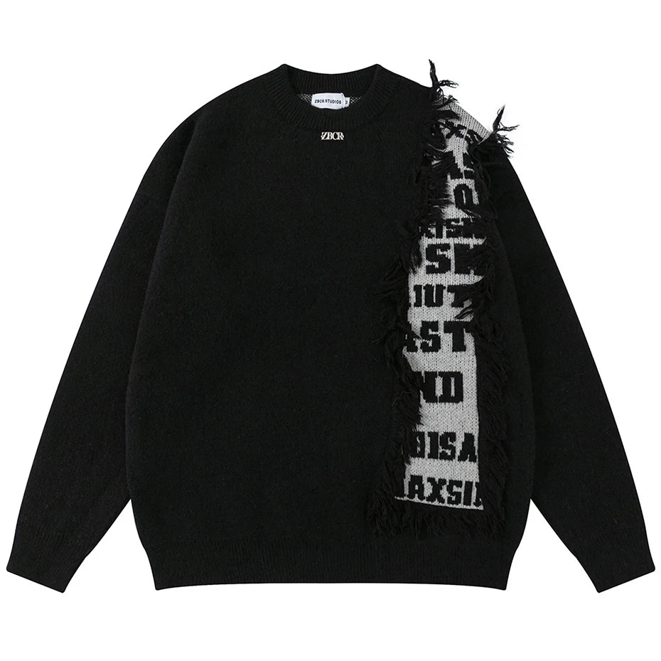 Black Patchwork Knit Loose Sweater — back view