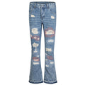 Red Denim Flare Ripped Jeans — styling shot