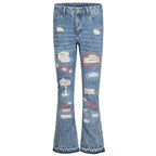 Red Denim Flare Ripped Jeans — styling shot