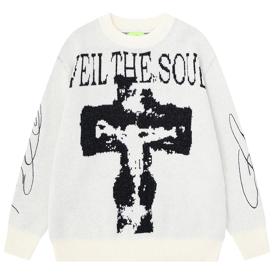 Y2K White Knit Oversized Sweater — back view