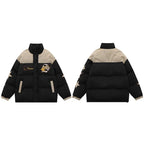 Retro Star Patchwork Corduroy Puffer Jacket — fit shot