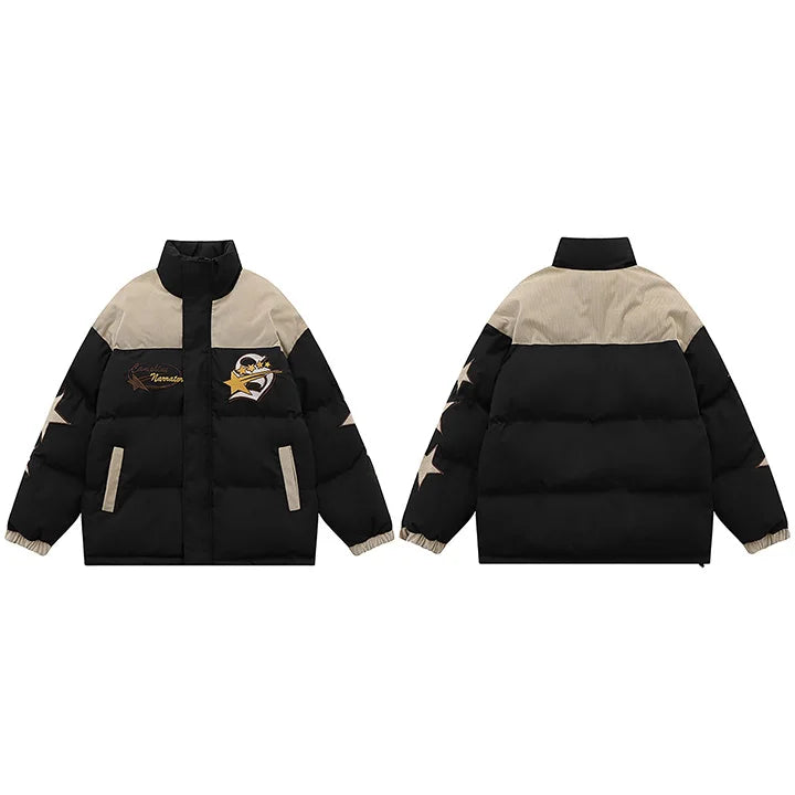Retro Star Patchwork Corduroy Puffer Jacket — fit shot