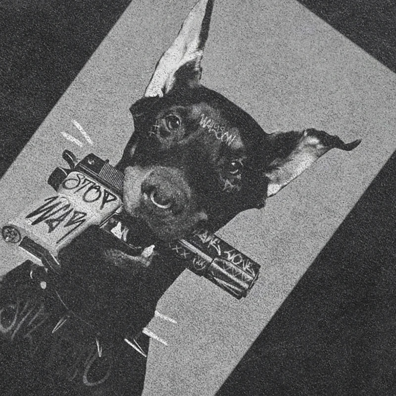 Faded Black Doberman Dog Graphic Oversized T-Shirt — front view