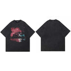 Vintage Retro Black Racing Car Washed T-Shirt — fabric close-up