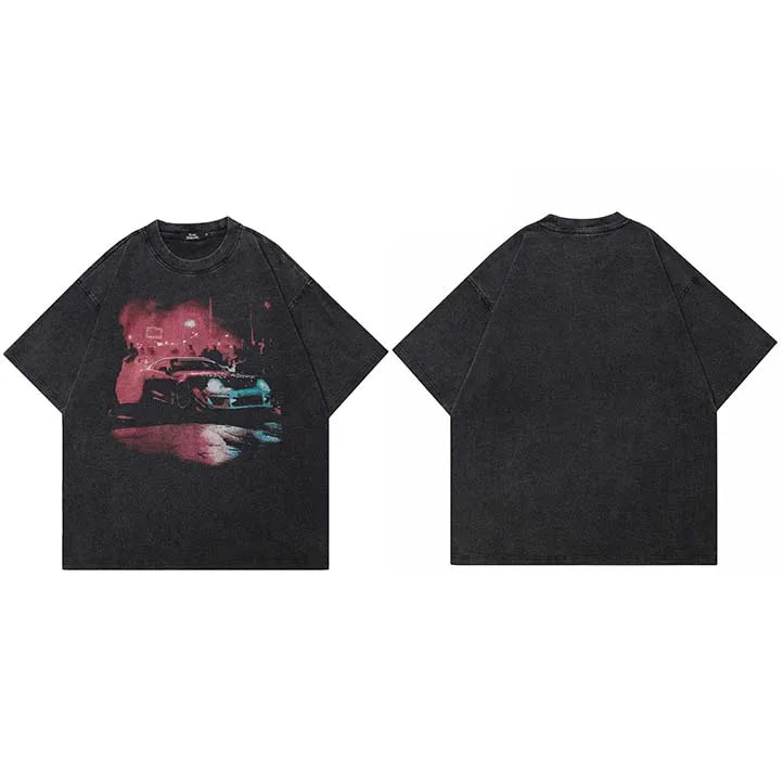 Vintage Retro Black Racing Car Washed T-Shirt — fabric close-up