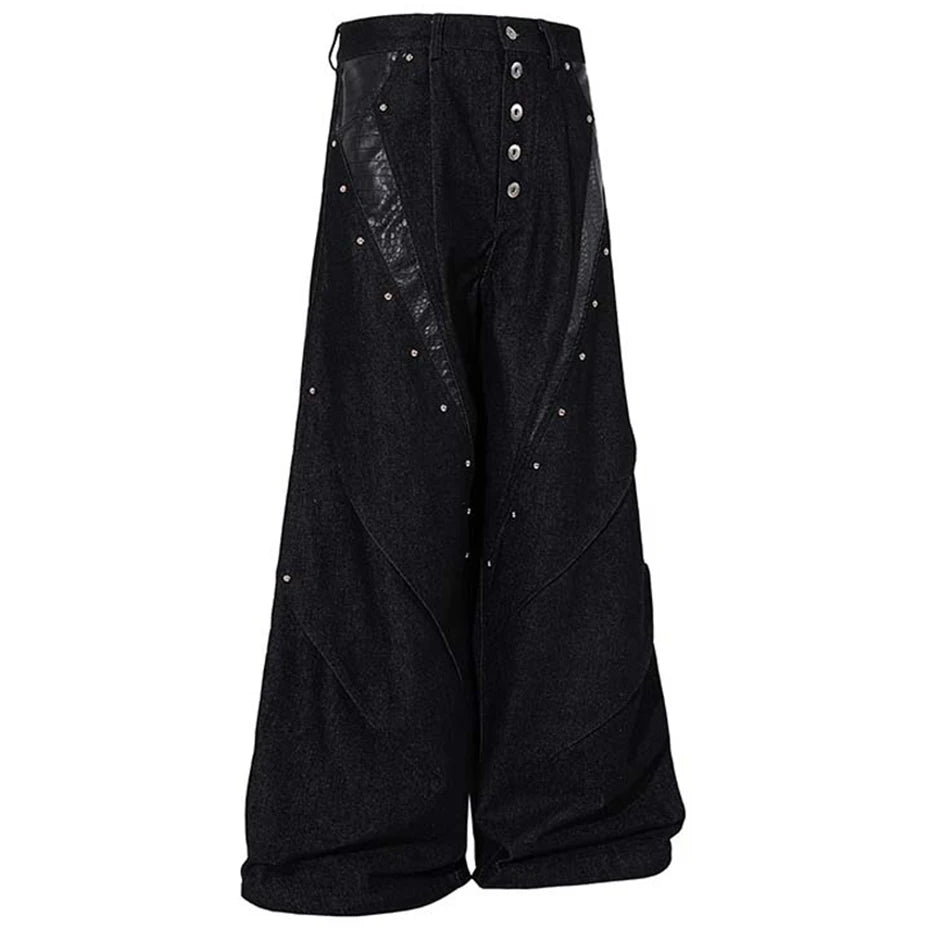 Rivet Black Patchwork Denim Baggy Jeans — front view