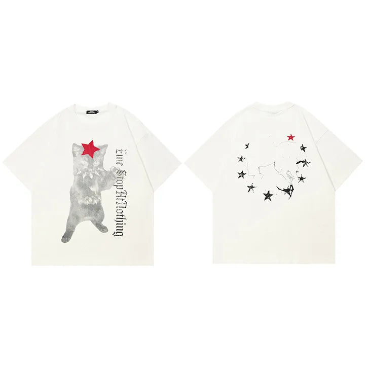 Print White Cat Graphic T-Shirt — fabric close-up