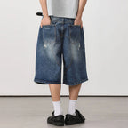 Jeans Vintage Blue Ripped Loose Denim Shorts — fit shot