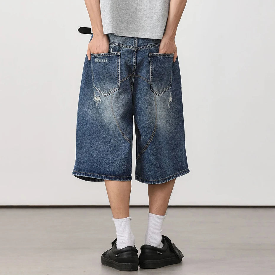 Jeans Vintage Blue Ripped Loose Denim Shorts — fit shot