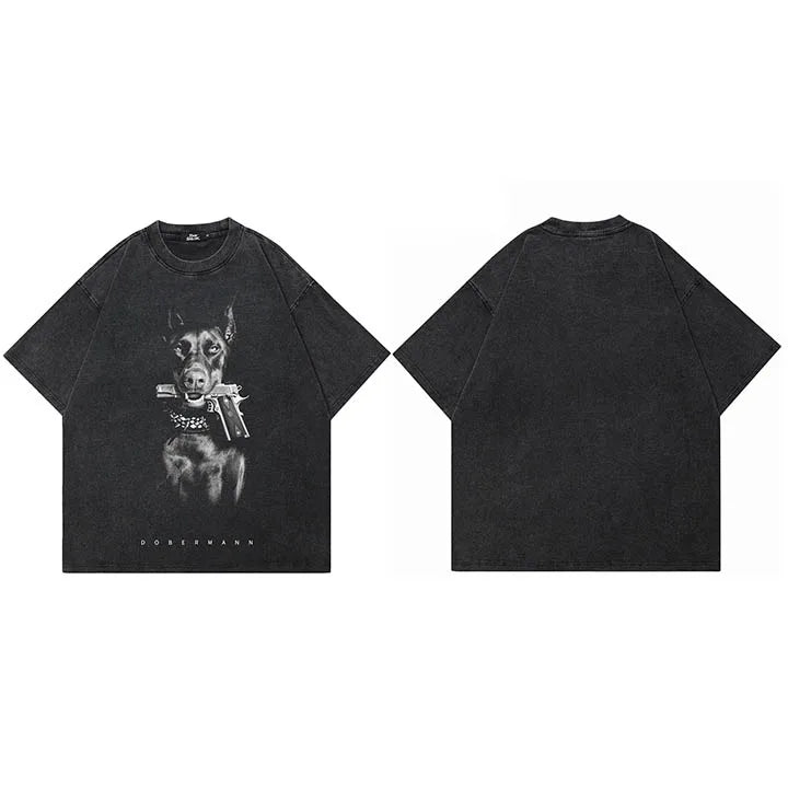 Gun Vintage Black Doberman Dog Washed T-Shirt — styling shot