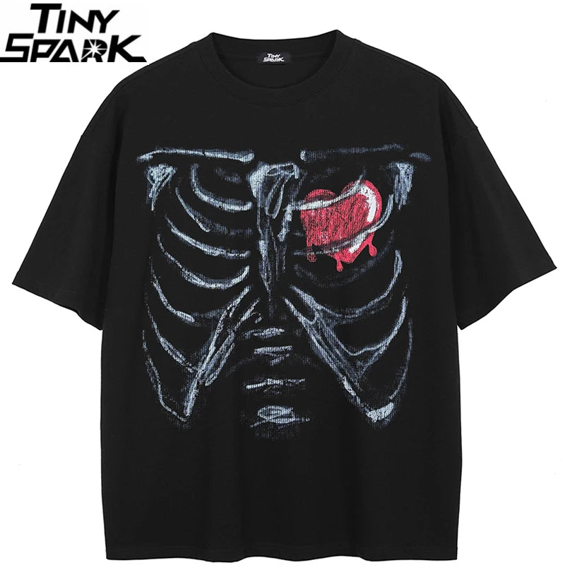Black Heart Skeleton Faded T-Shirt — front view