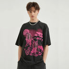 Retro Black Anime Cartoon Washed T-Shirt — back view