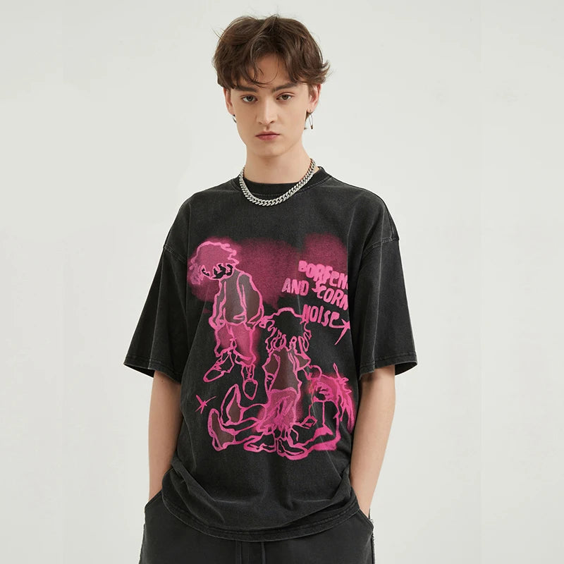Retro Black Anime Cartoon Washed T-Shirt — back view