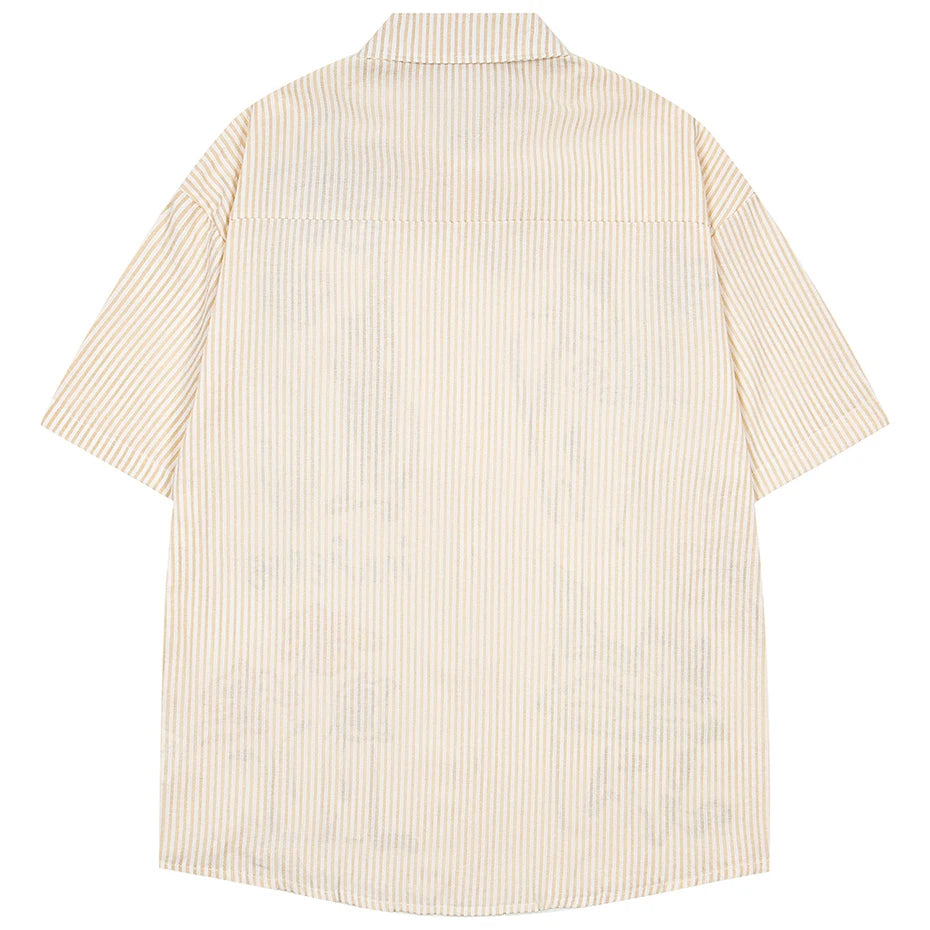 Vintage Cat Striped Graphic Loose Shirt — front view