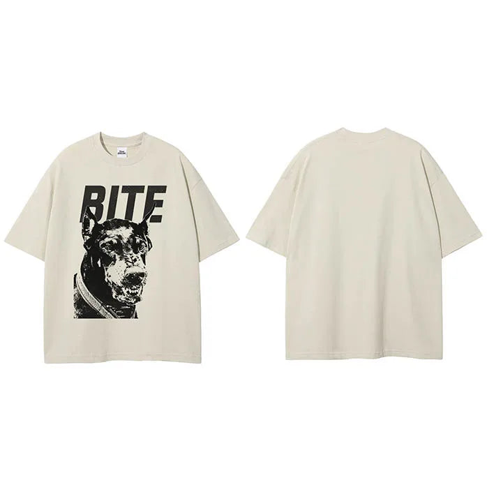 White Beige Dog Graphic T-Shirt — fabric close-up