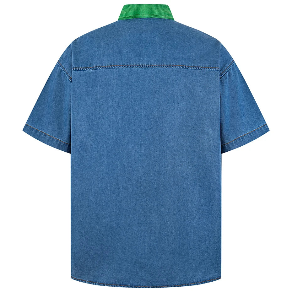 Vintage Cartoon Cat Graphic Denim Loose Shirt — front view