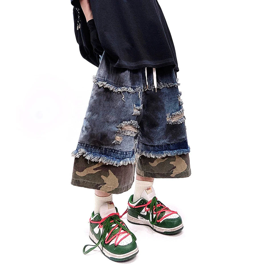 Vintage Camouflage Patchwork Baggy Denim Shorts — front view