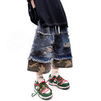 Vintage Camouflage Patchwork Baggy Denim Shorts — front view