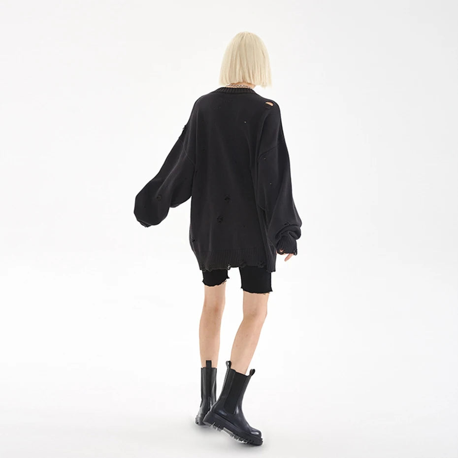 Y2K Black Ripped Knit Sweater — fit shot