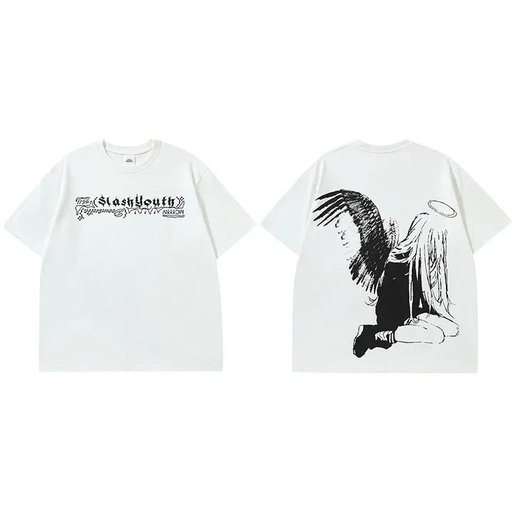 Y2K Cartoon Angel Graphic T-Shirt — flat lay
