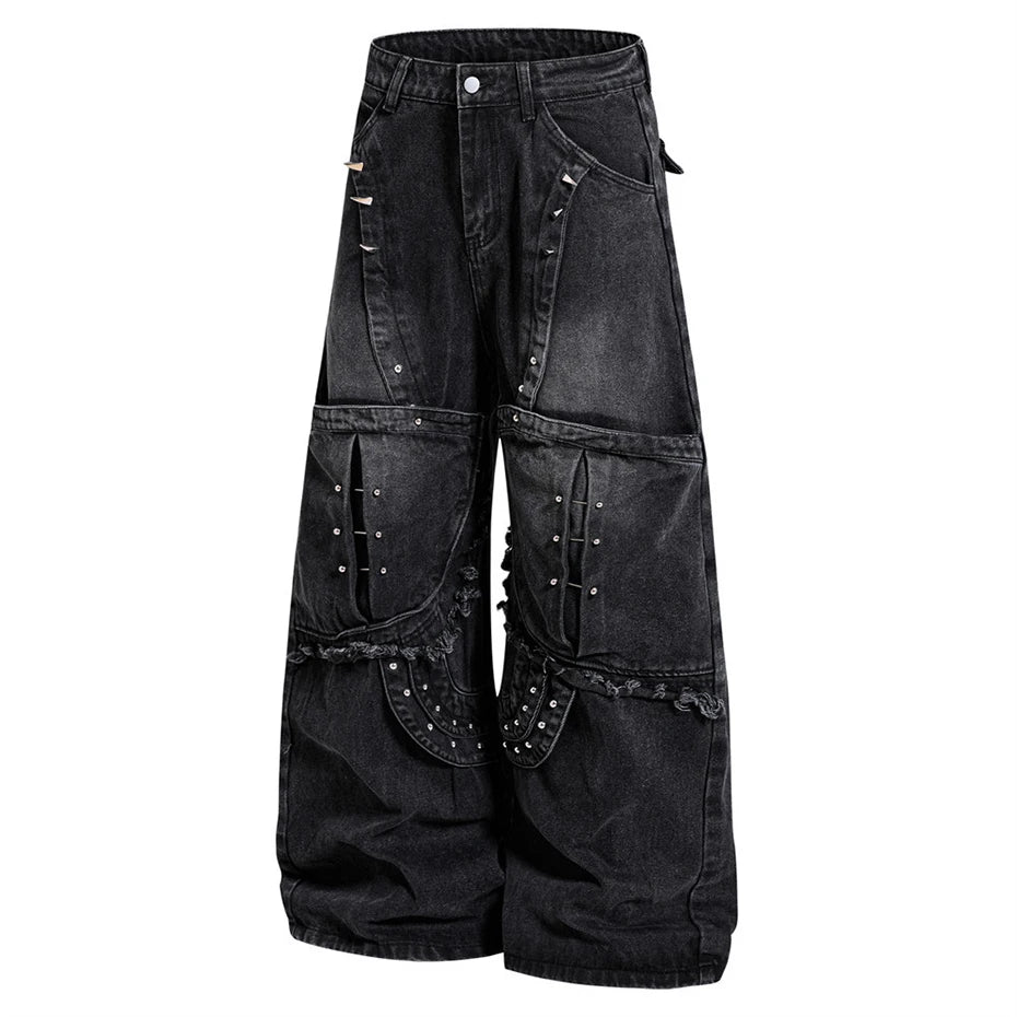 Punk Vintage Patchwork Denim Baggy Jeans — front view