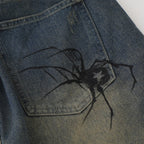 Y2K Blue Spider Cobweb Print Loose Denim Shorts — fit shot