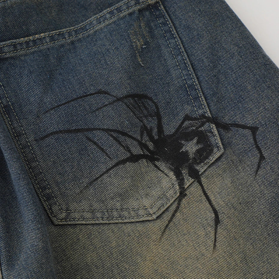 Y2K Blue Spider Cobweb Print Loose Denim Shorts — fit shot
