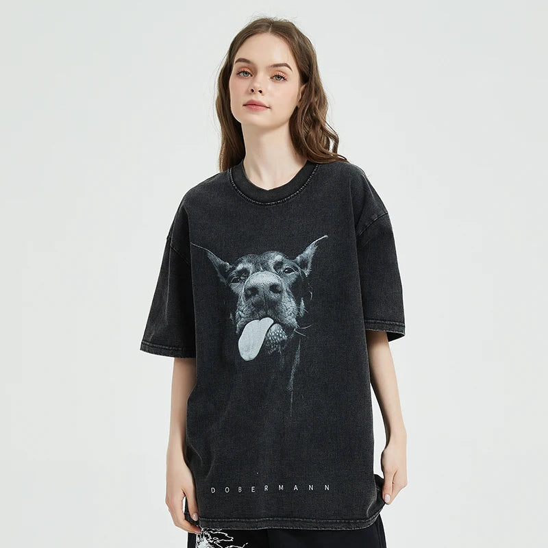 Vintage Black Doberman Dog Graphic Oversized T-Shirt — fit shot