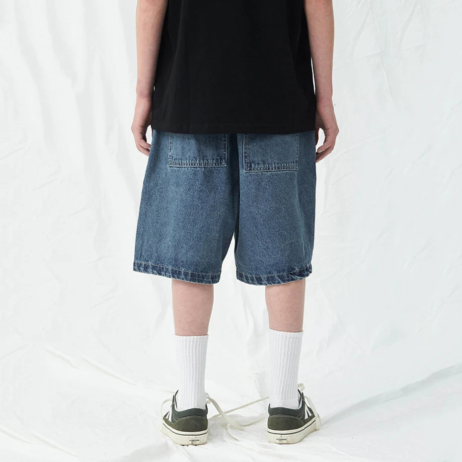 Blue Loose Denim Shorts — fit shot