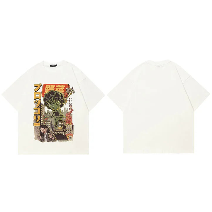 White Beige Anime Cartoon Graphic T-Shirt — flat lay