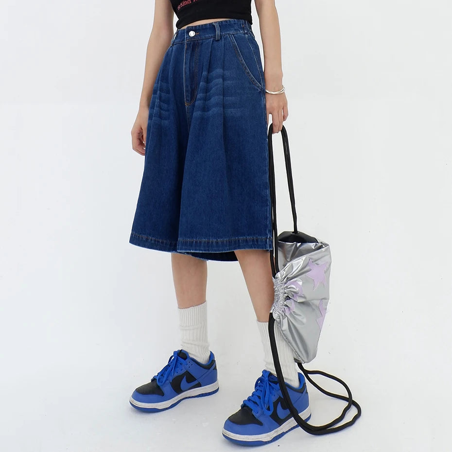 Vintage Blue Wide Leg Denim Shorts — back view