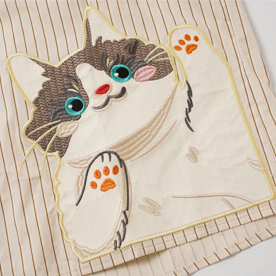 Shirts Vintage Cat Embroidered Oversized Shirt — fabric close-up