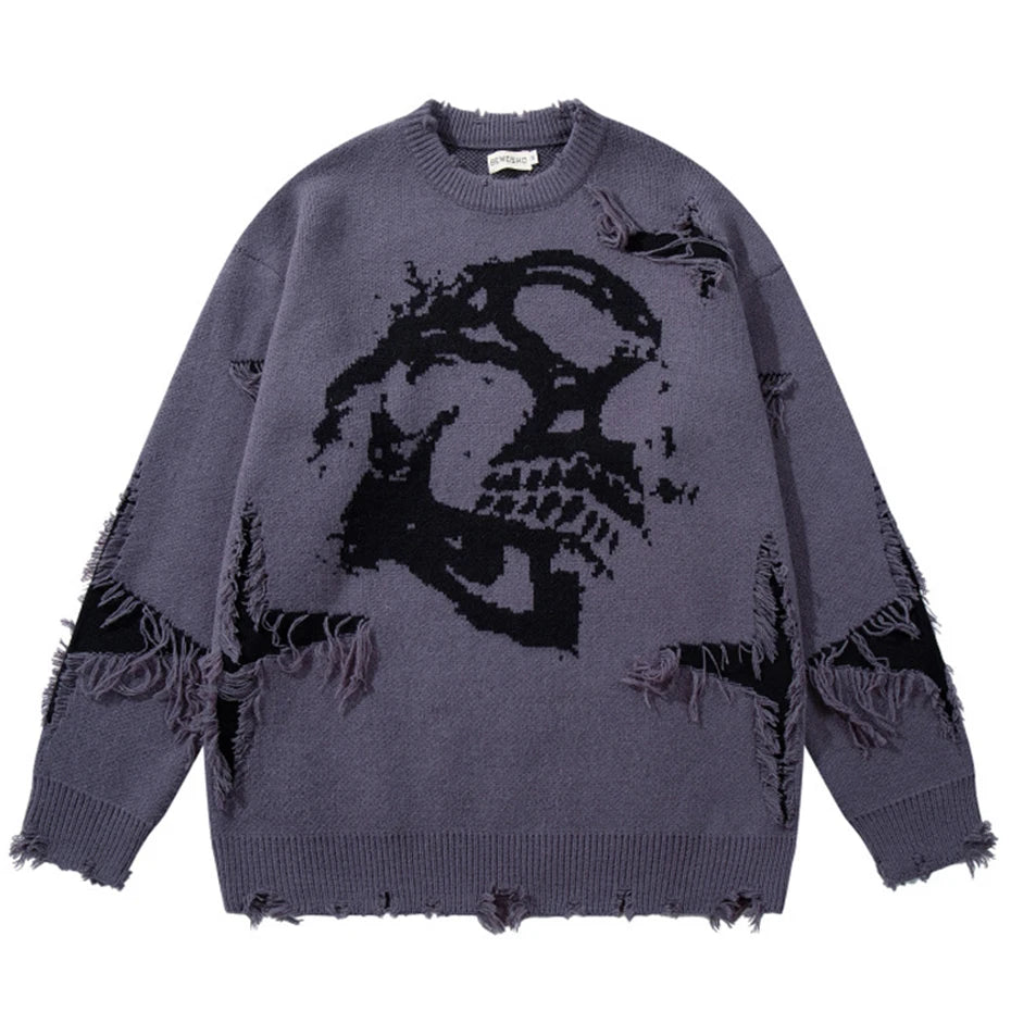 Vintage Skull Graphic Knit Oversized Sweater — back view