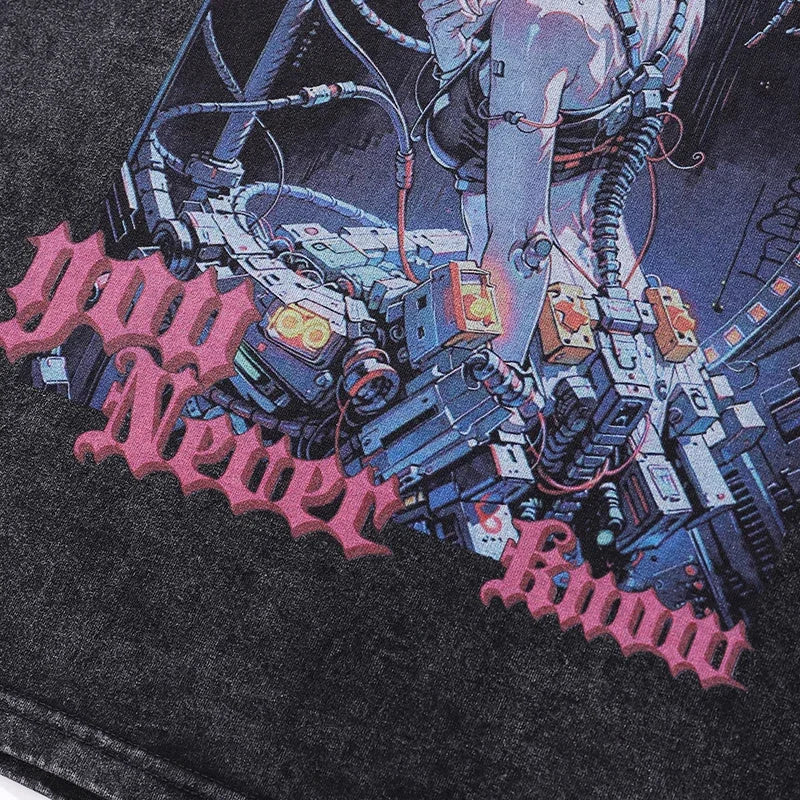 Retro Black Cartoon Robot Washed T-Shirt — back view